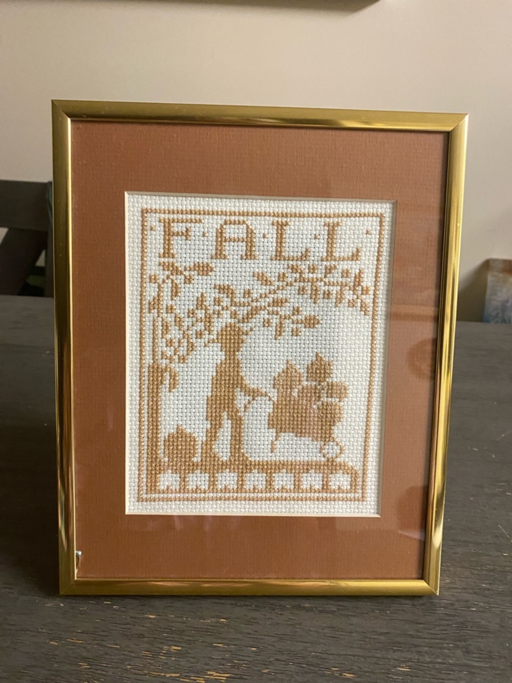 Framed Fall Cross-Stitch Art in Warm Rust and Cream